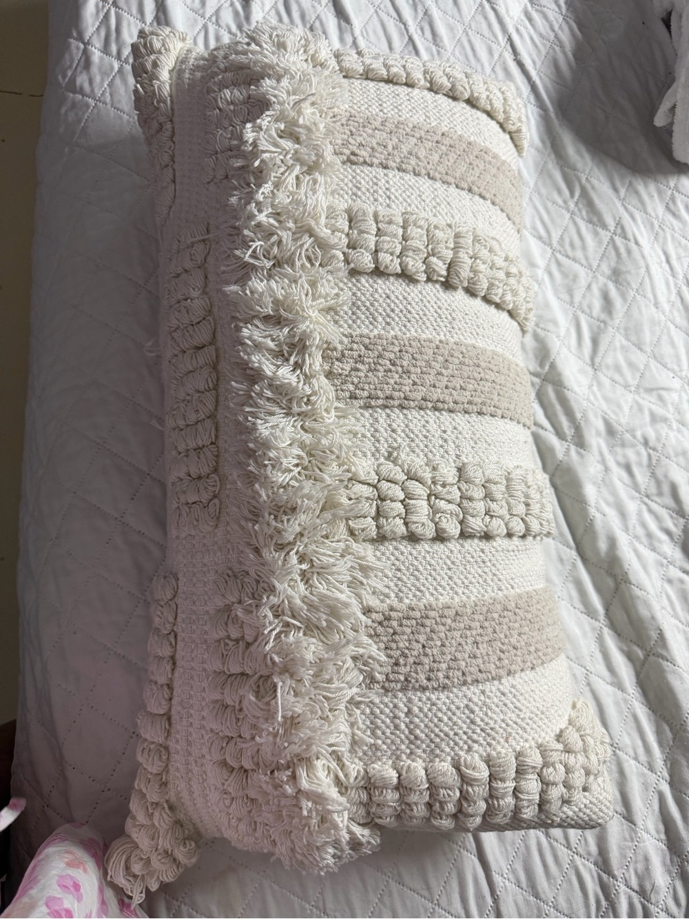 Magachoni Home  pillow Vtg Fringe Lumbar Pillow in Cream and Beige 14x27
